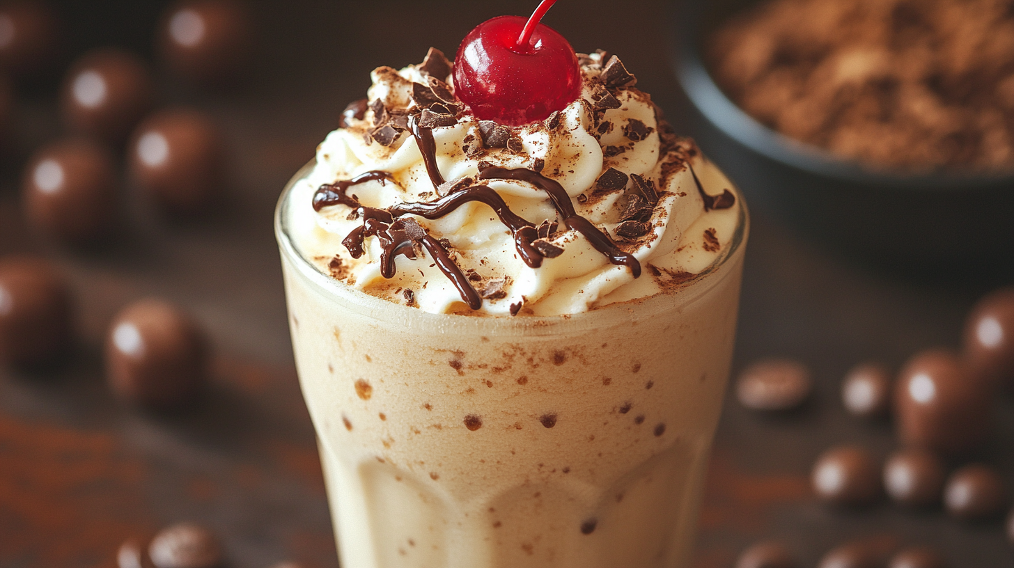 Frappé-licious – Frozen Coffee With Whipped Cream, Chocolate Drizzle, And A Cherry On Top